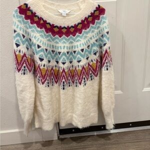 Time and Tru Cream Sweater with Multicolor Pattern